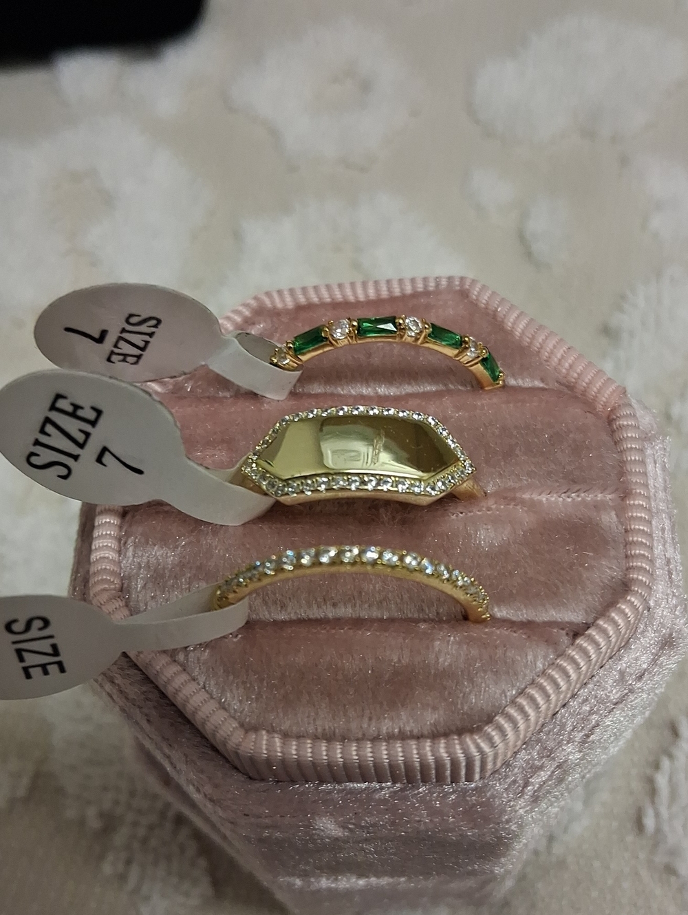 Gold 3 Piece Stackable Ring Set with Green Stones - Size 7 - Picture 5 of 6